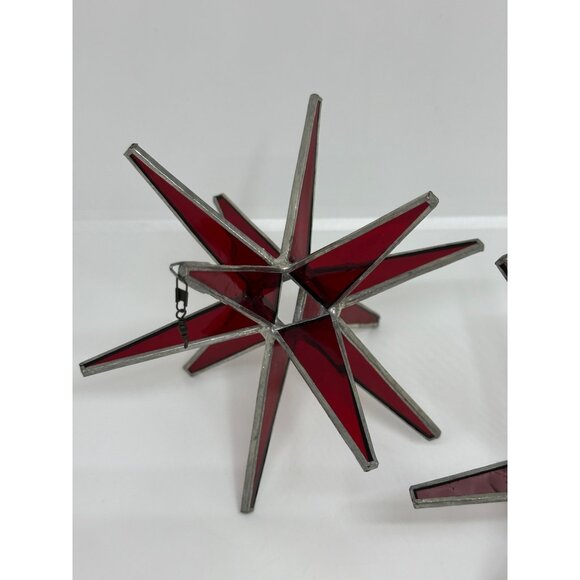 Set of 2 Red Moravian Star Ornaments – 3D Stained Glass Hanging Stars 5"x4.5" - Picture 5 of 10